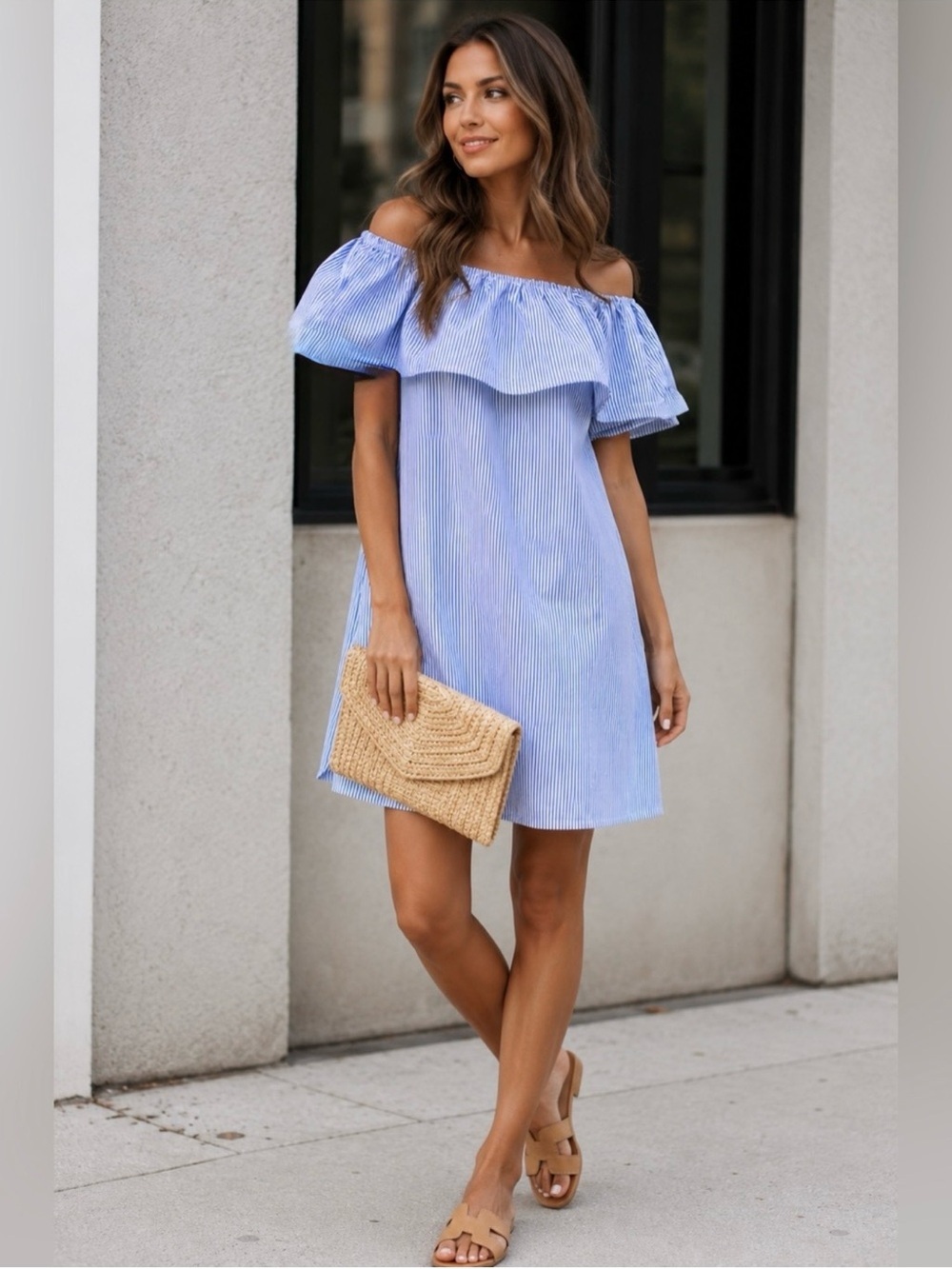 Aqua Off Shoulder Ruffle Dress XS Blue Stripe Flowy Summer Mini